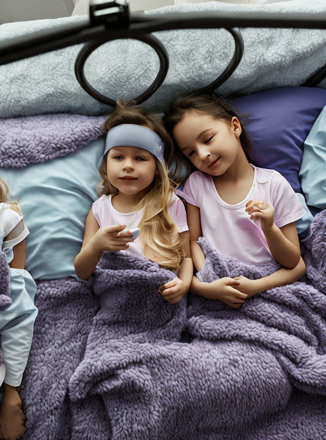 Two children in bed under purple blanket, one with sleep mask holding marshmallow, other smiling.