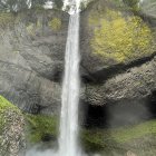 Tranquil waterfall flowing over lush cliff into misty pool surrounded by greenery