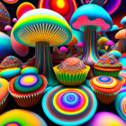 Colorful surreal digital artwork: Vibrant mushroom structures & psychedelic patterns.