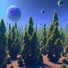 Vibrant green trees under a night sky with multiple visible planets.