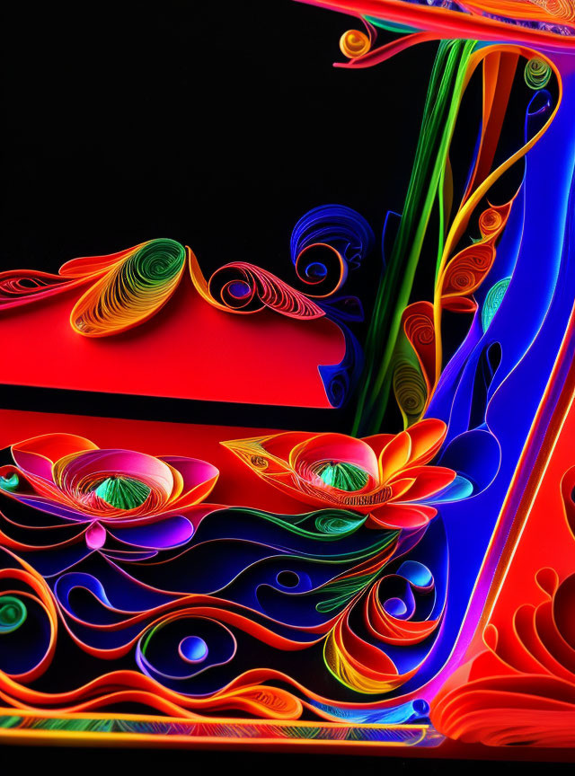 Colorful Quilled Paper Art on Black Background with Intricate Patterns