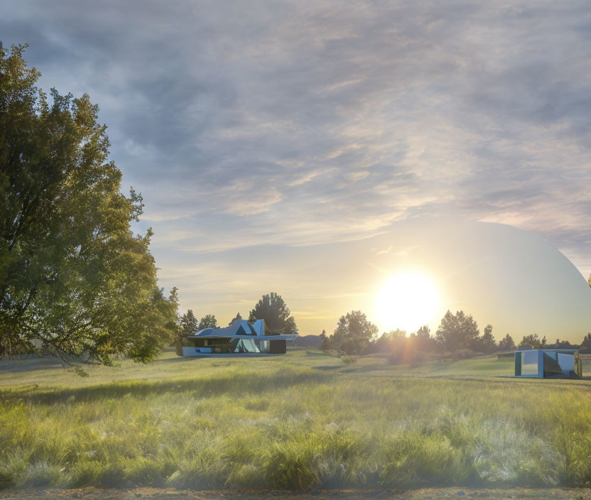 Tranquil Sunset Landscape with Tall Grass and Trees