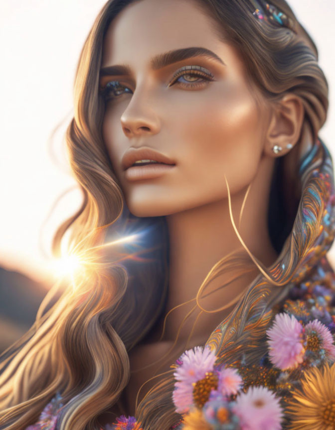 Woman with wavy hair in golden hour light wearing floral garment