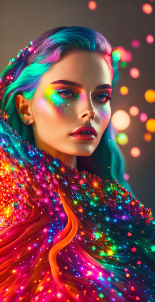 Colorful Portrait of Woman with Rainbow Hair and Iridescent Makeup