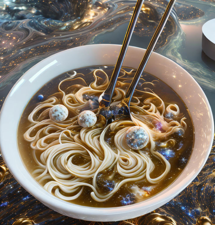 Galaxy-themed noodle bowl with cosmic broth and planets