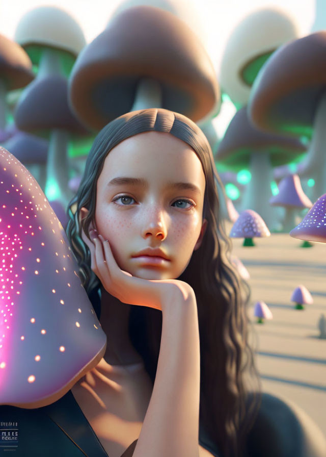 Dark-haired girl gazes at colorful mushrooms in digital art