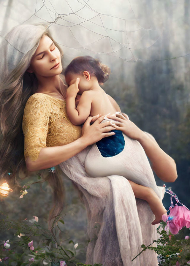 Serene woman with sleeping child in mystical forest scenery