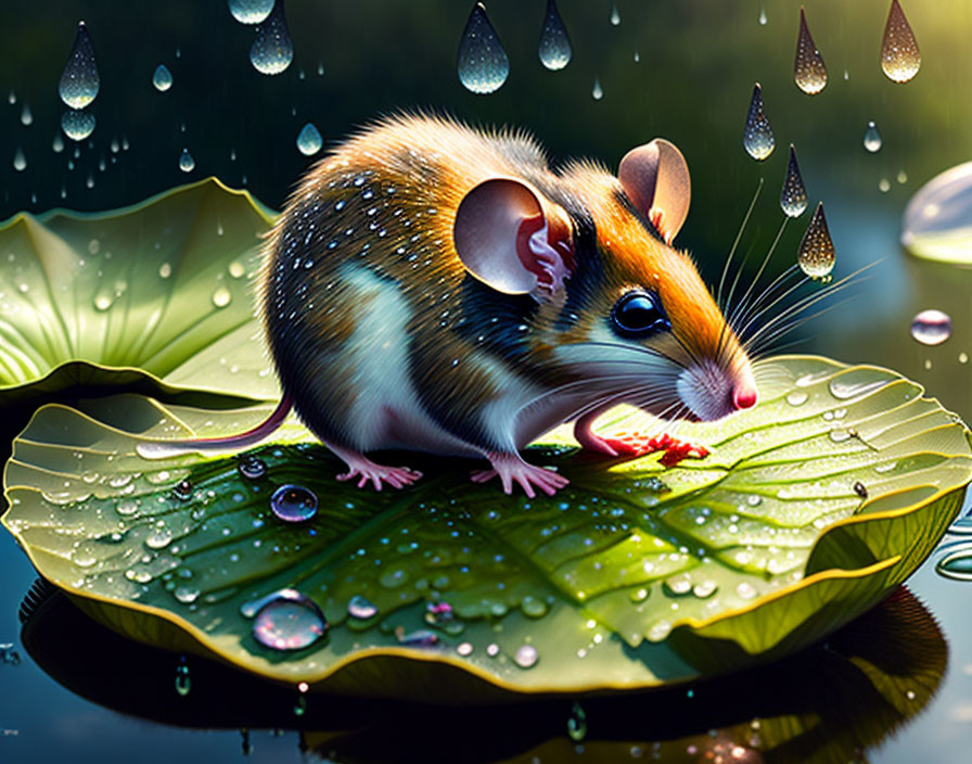 Whimsical mouse illustration on dewy leaf with water droplets