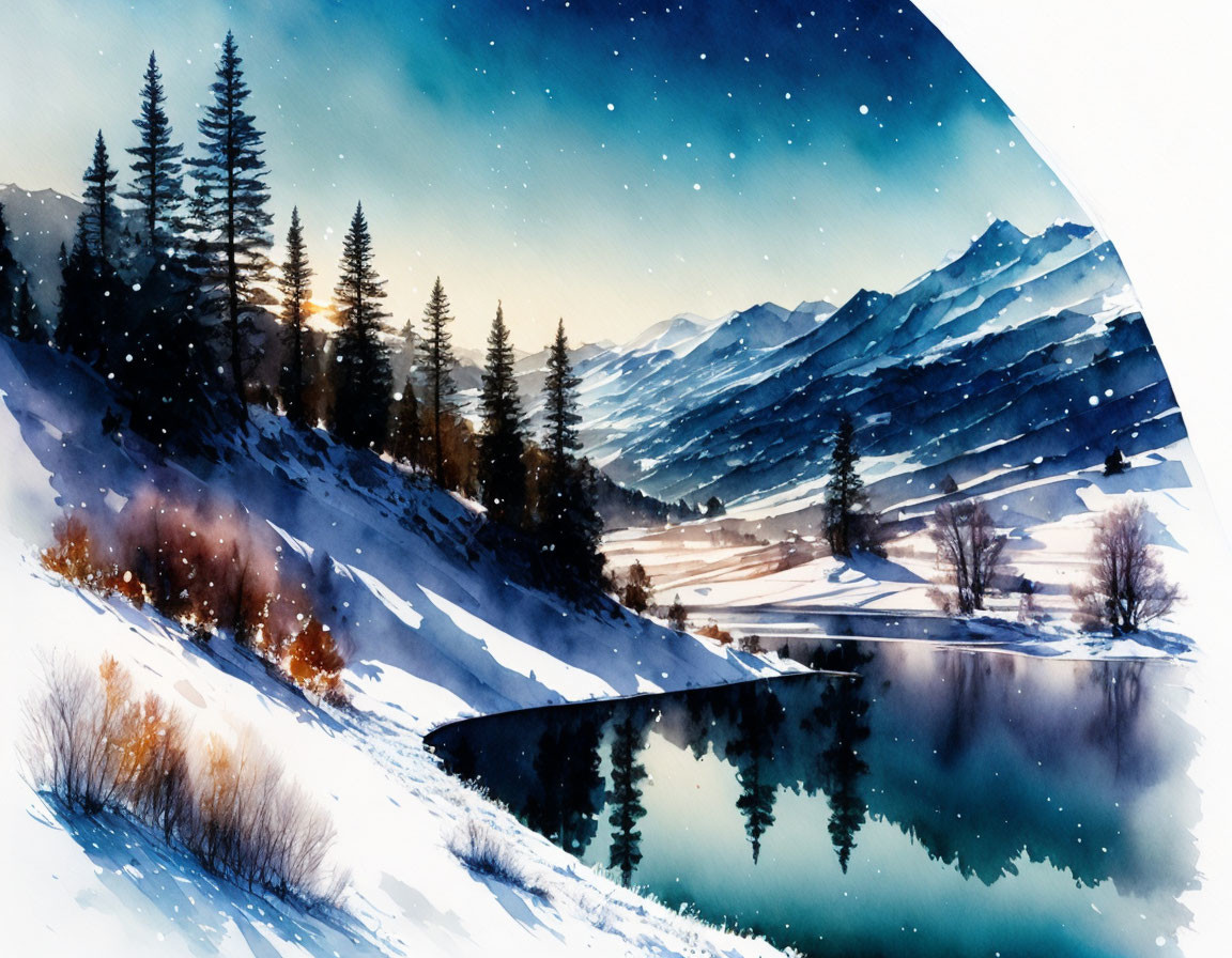 Snowy Mountain Landscape with Pine Trees, Lake, and Starry Sky