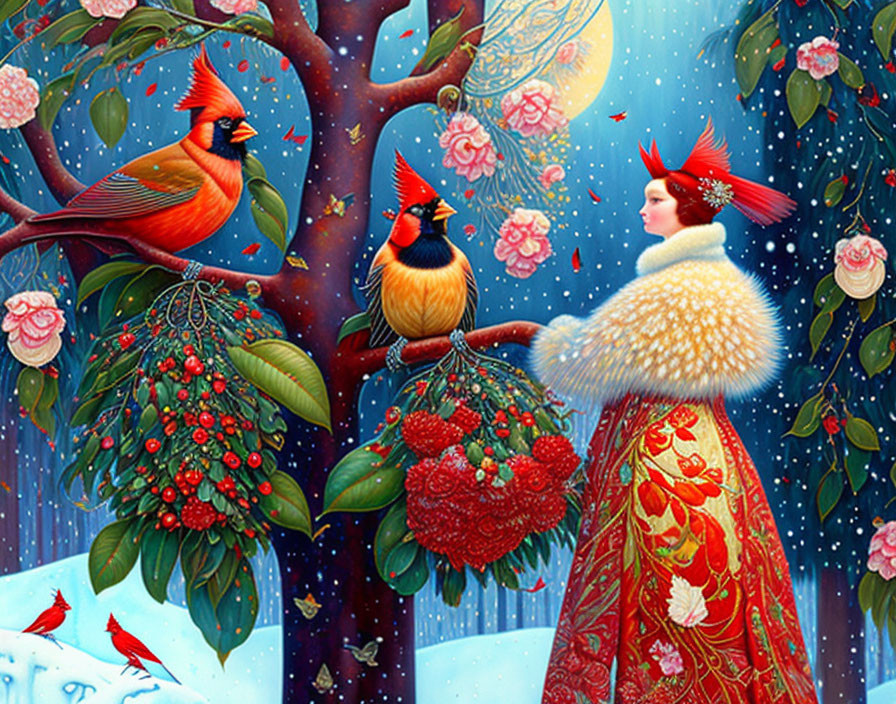 Whimsical painting of woman with cardinal headpiece in snowy scene