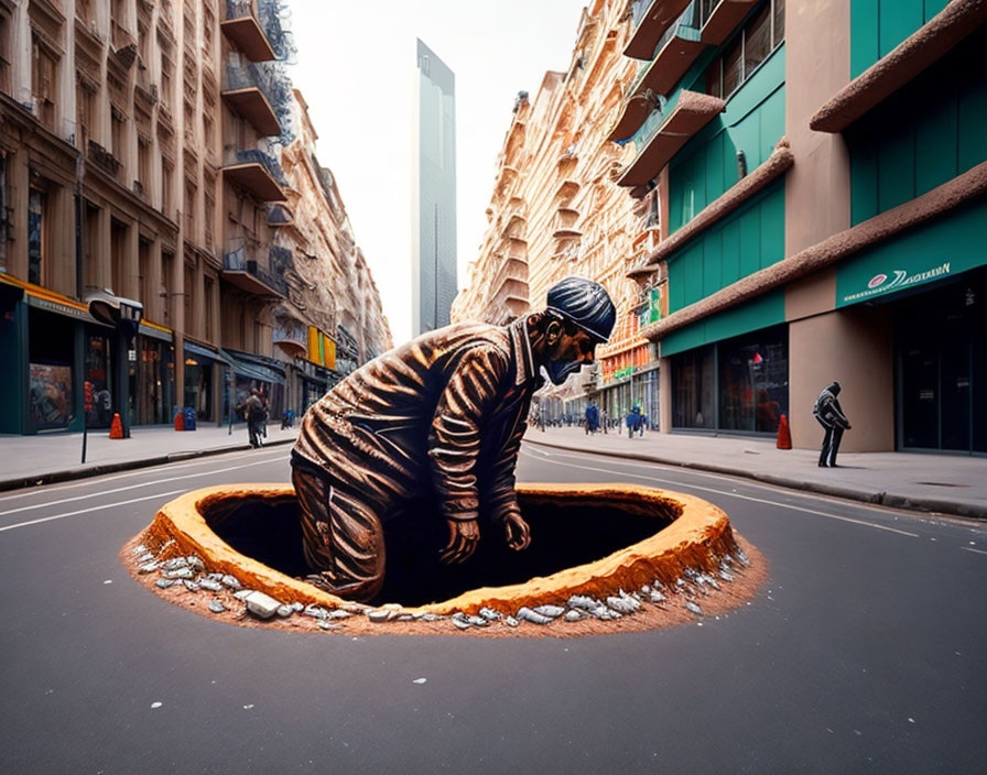 3D Street Art: Man Emerging from Hole in City Street