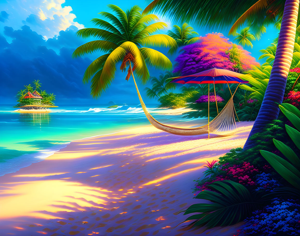 Tropical beach scene at dusk with hammock, red umbrella, palm trees, vivid flora, tranquil