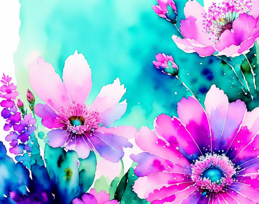 Colorful Watercolor Painting of Pink and Purple Flowers on Turquoise Background