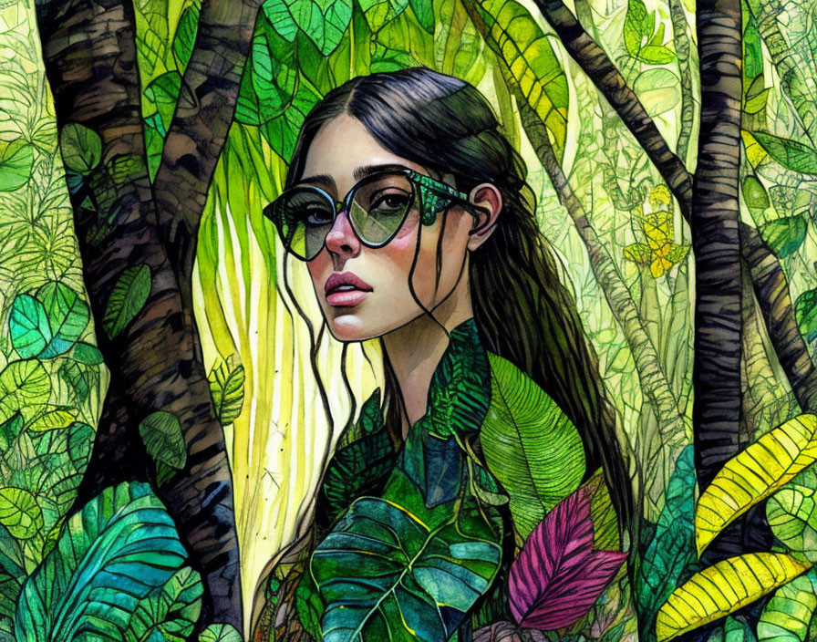 Woman with Glasses in Vibrant Jungle Setting