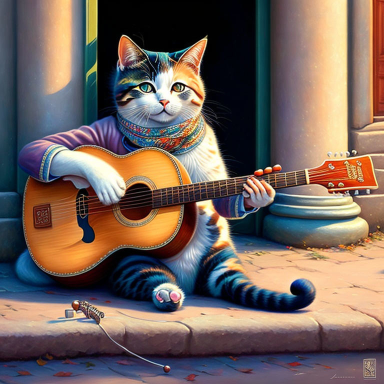 Colorful Anthropomorphic Cat Playing Guitar Near Building Entrance with Mouse Listening