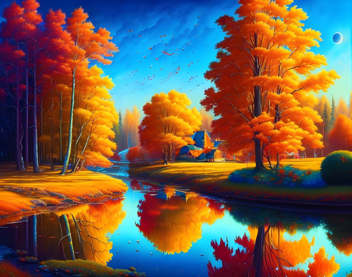 Serene autumn landscape with golden-orange trees, blue lake, house, birds, twilight sky