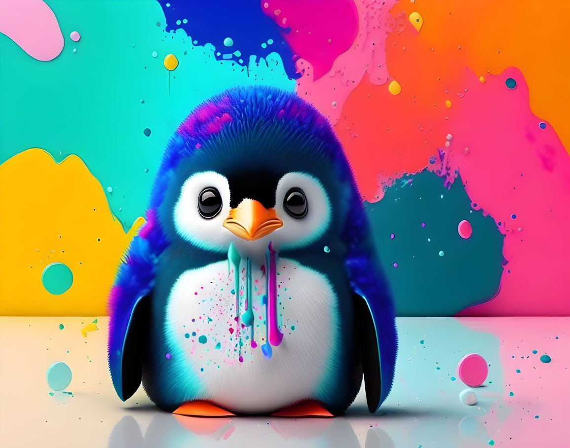 Colorful Cartoon Penguin Artwork on Glossy Background