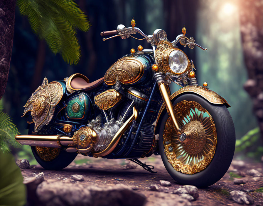 Detailed Ornate Motorcycle with Golden Embellishments in Forest Setting