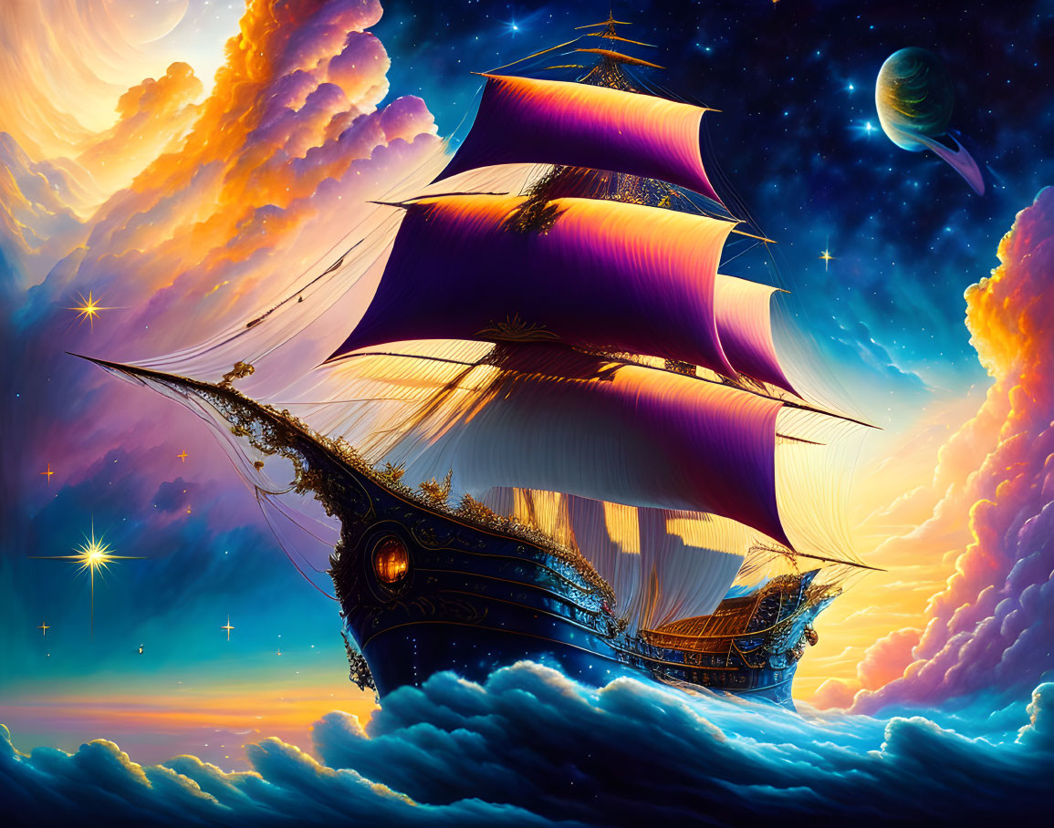 Fantastical ship with purple sails soaring above starry sky