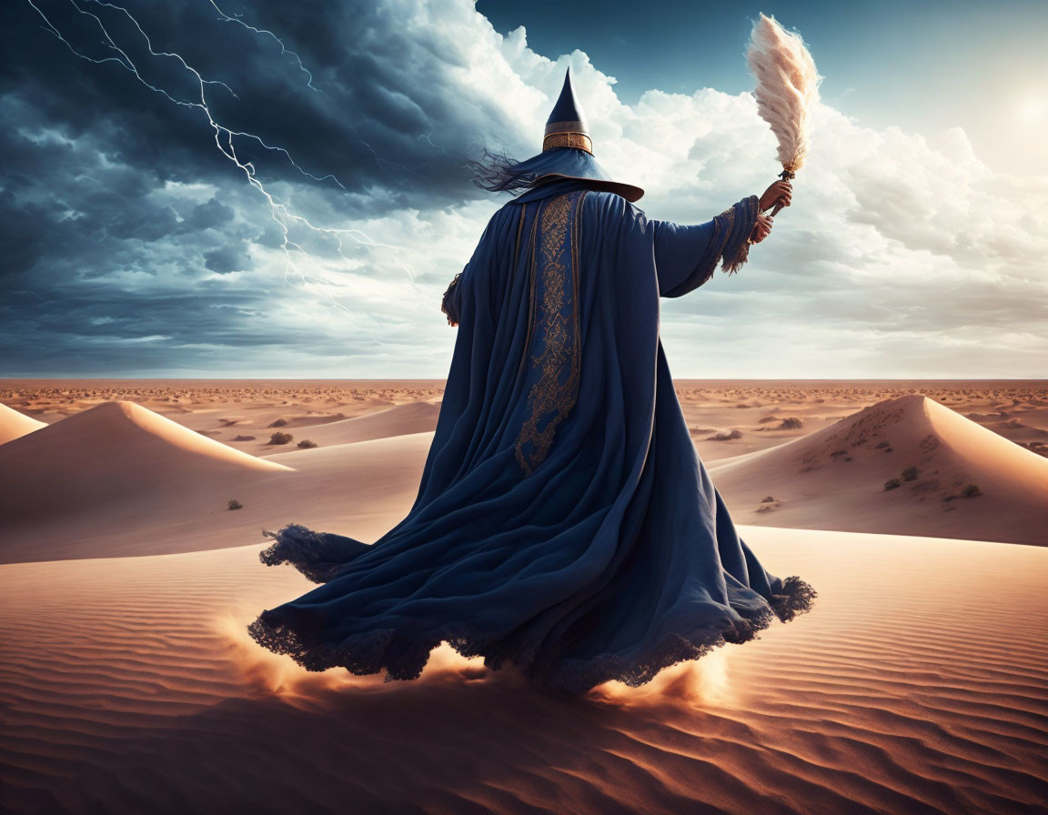 Wizard in blue cloak raises staff in desert storm.