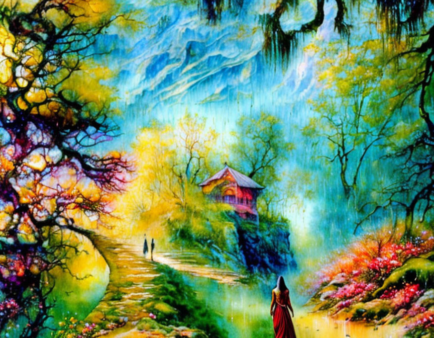 Colorful landscape painting: Figure in red cloak, winding path, blossoming trees, house, mountain