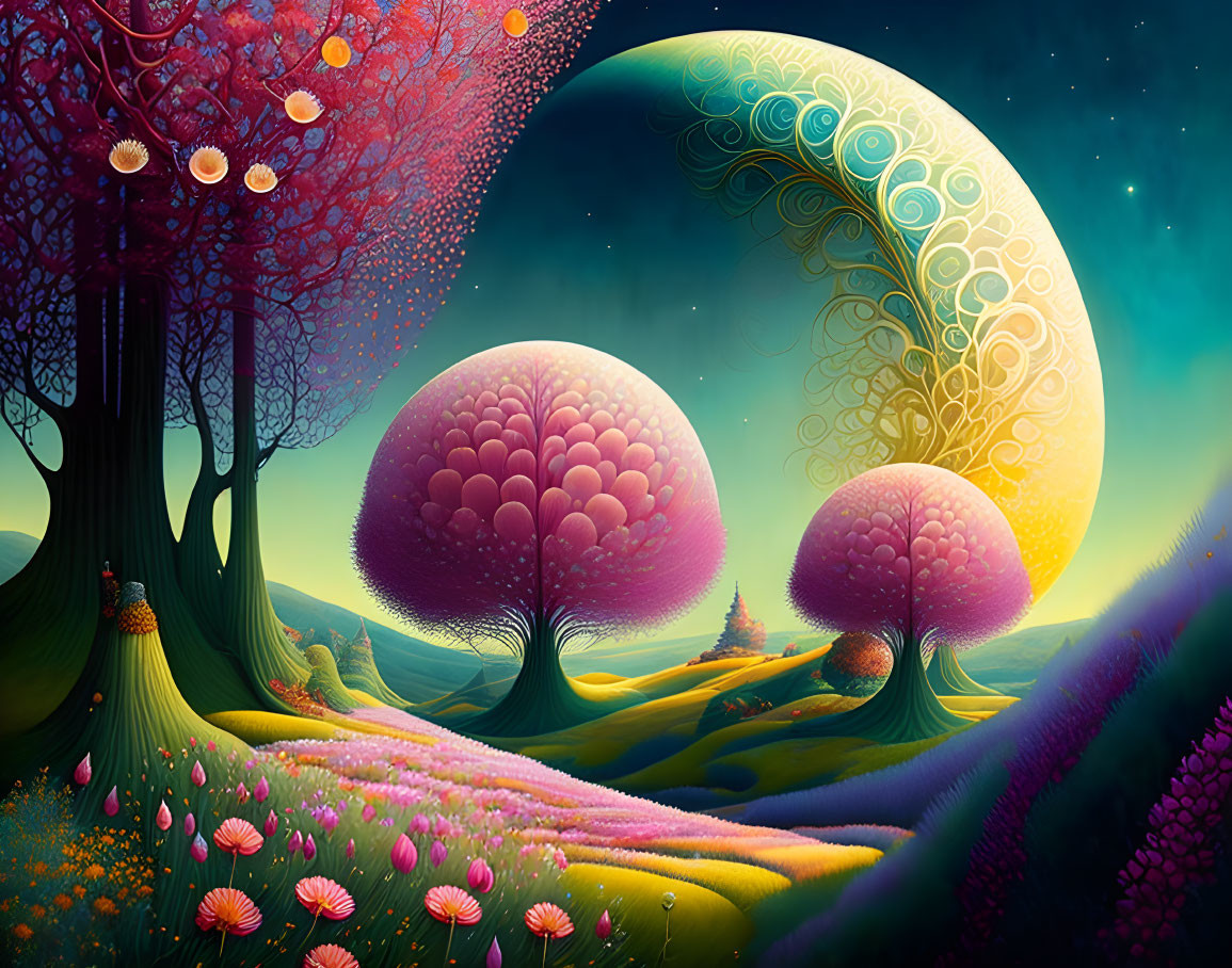 Fantasy landscape with whimsical trees, flowers, crescent moon, and starry sky