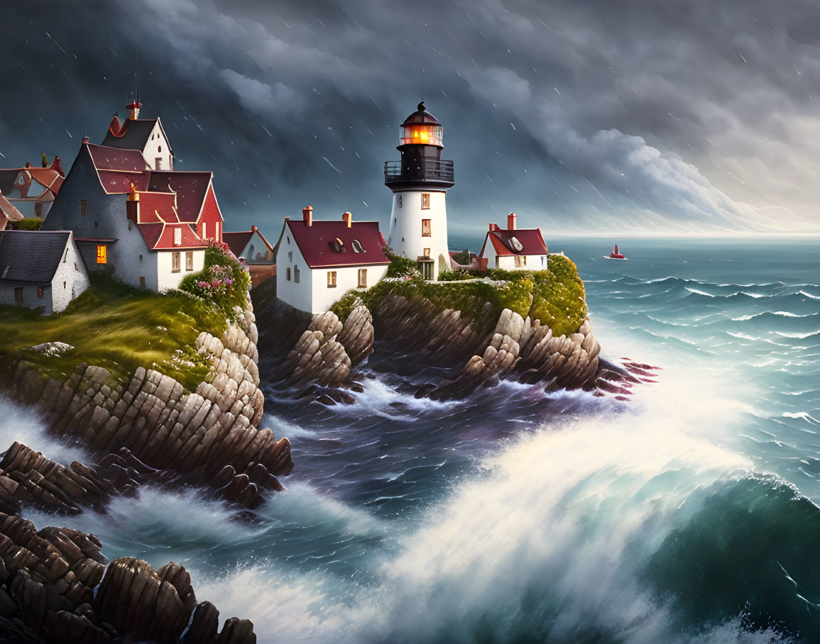 Coastal lighthouse and houses on cliff in stormy weather