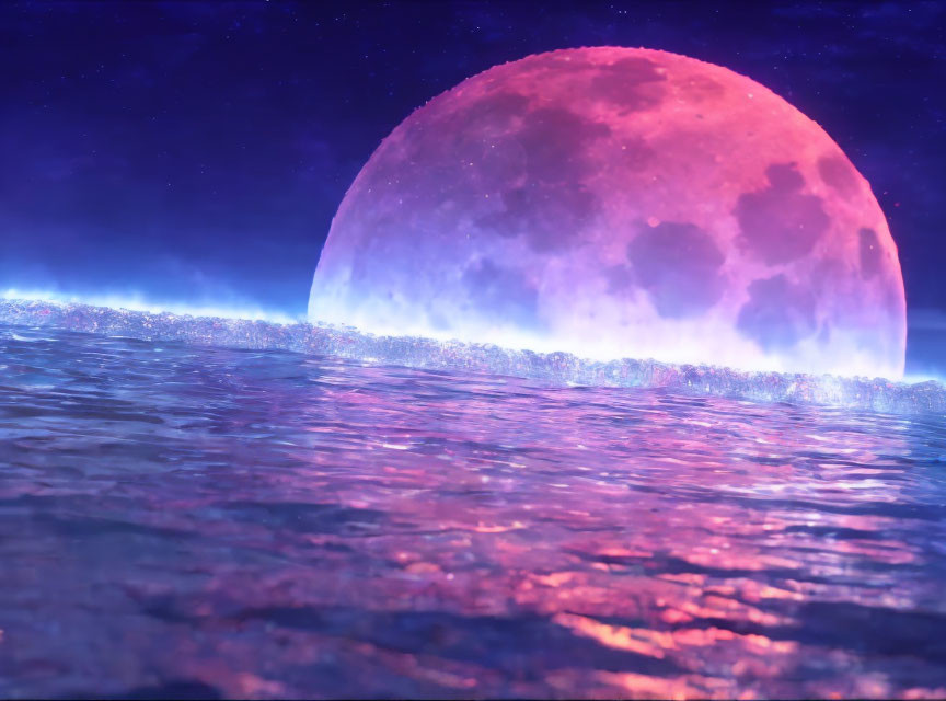 Pink moon over calm sea under starry night sky