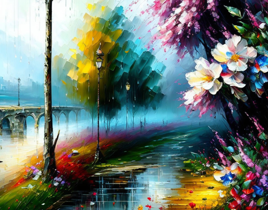 Colorful Path with Blooming Flowers, Lampposts, and Bridge in Impressionistic Painting