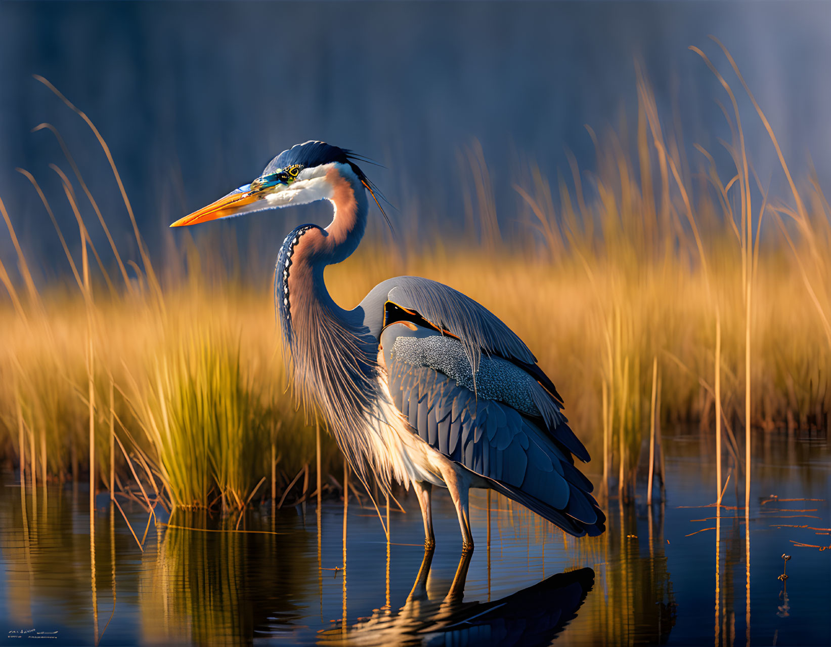 Great Blue Heron in Shallow Water at Sunrise or Sunset