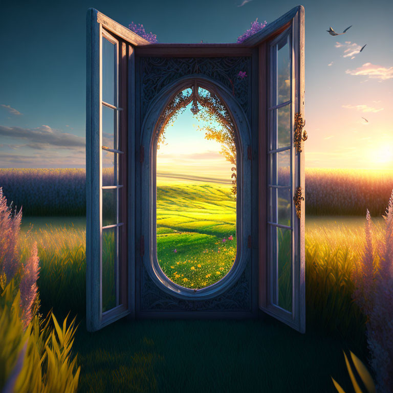 Ornate open door in field at sunset with birds in lush meadow