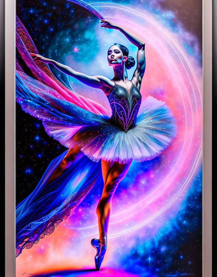 Ballerina on Pointe Against Cosmic Background