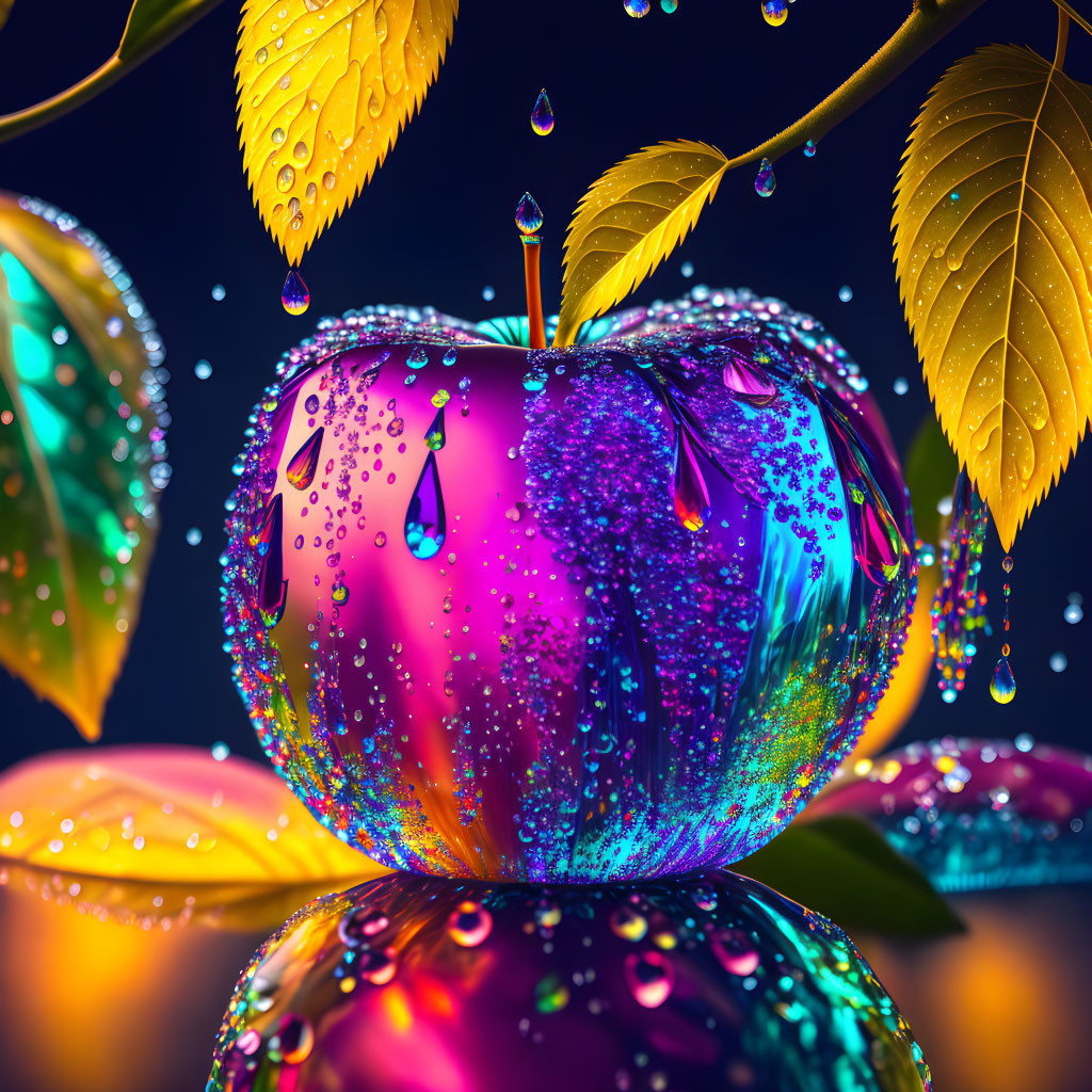 Vibrant glossy apple with water droplets, surrounded by dewy leaves on dark backdrop