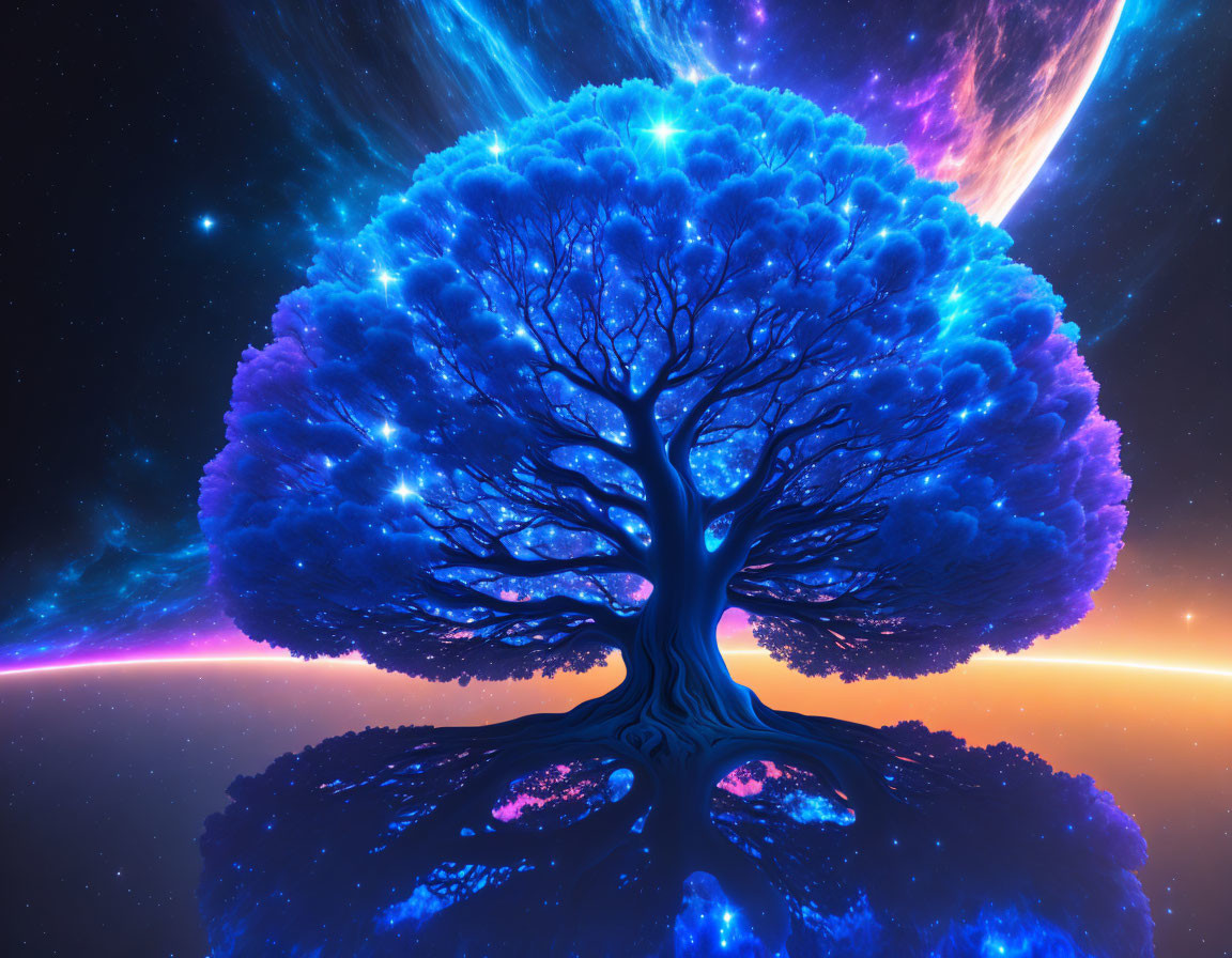 Colorful digital artwork: Blue tree in cosmic setting