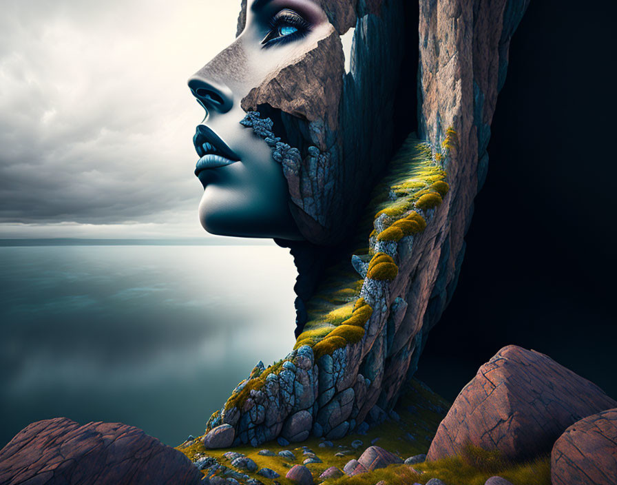 Surreal artwork: woman's face merges with rocky cliff, lichen and moss, under mo