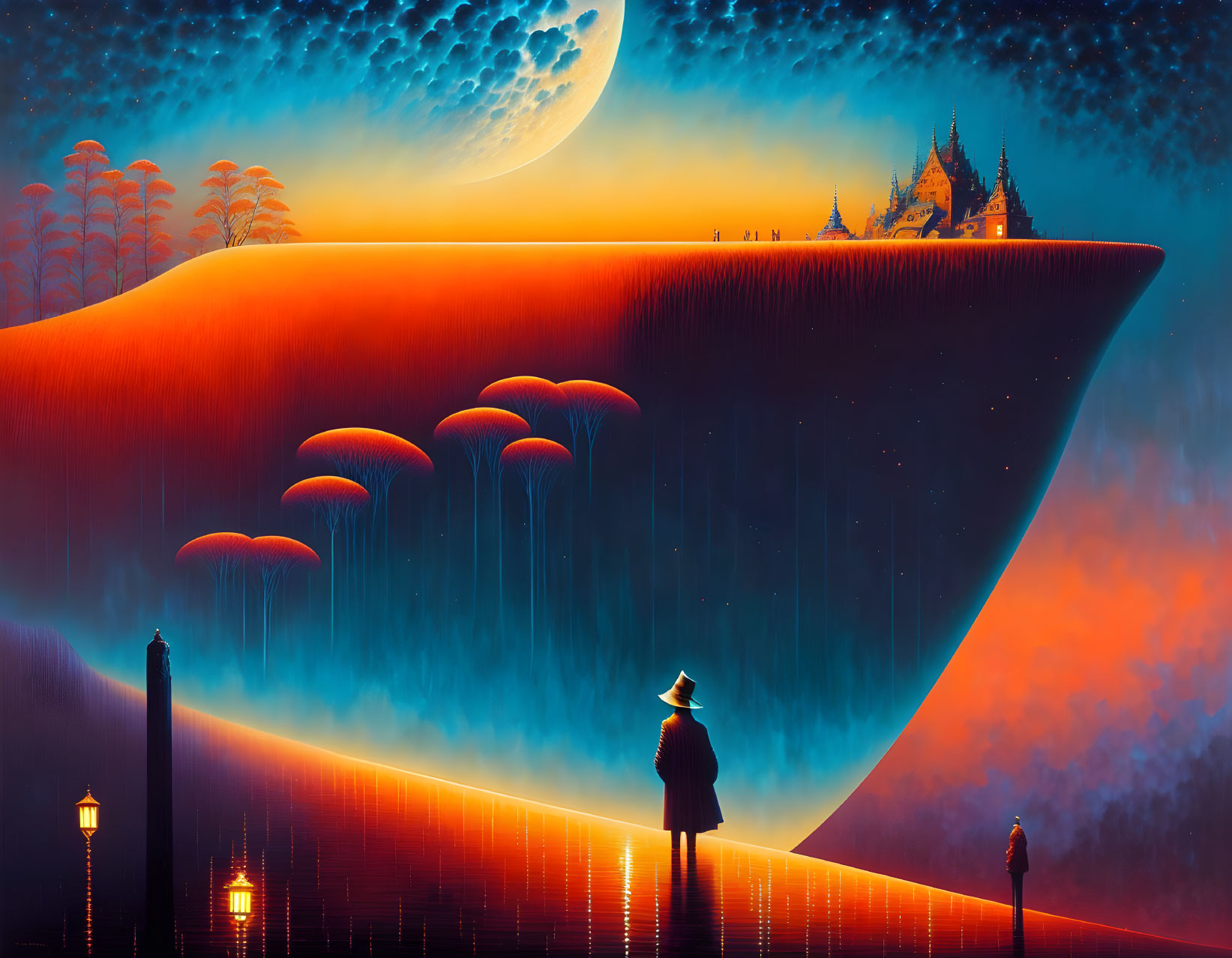 Person on surreal glowing landscape with giant mushrooms and castle under large moon