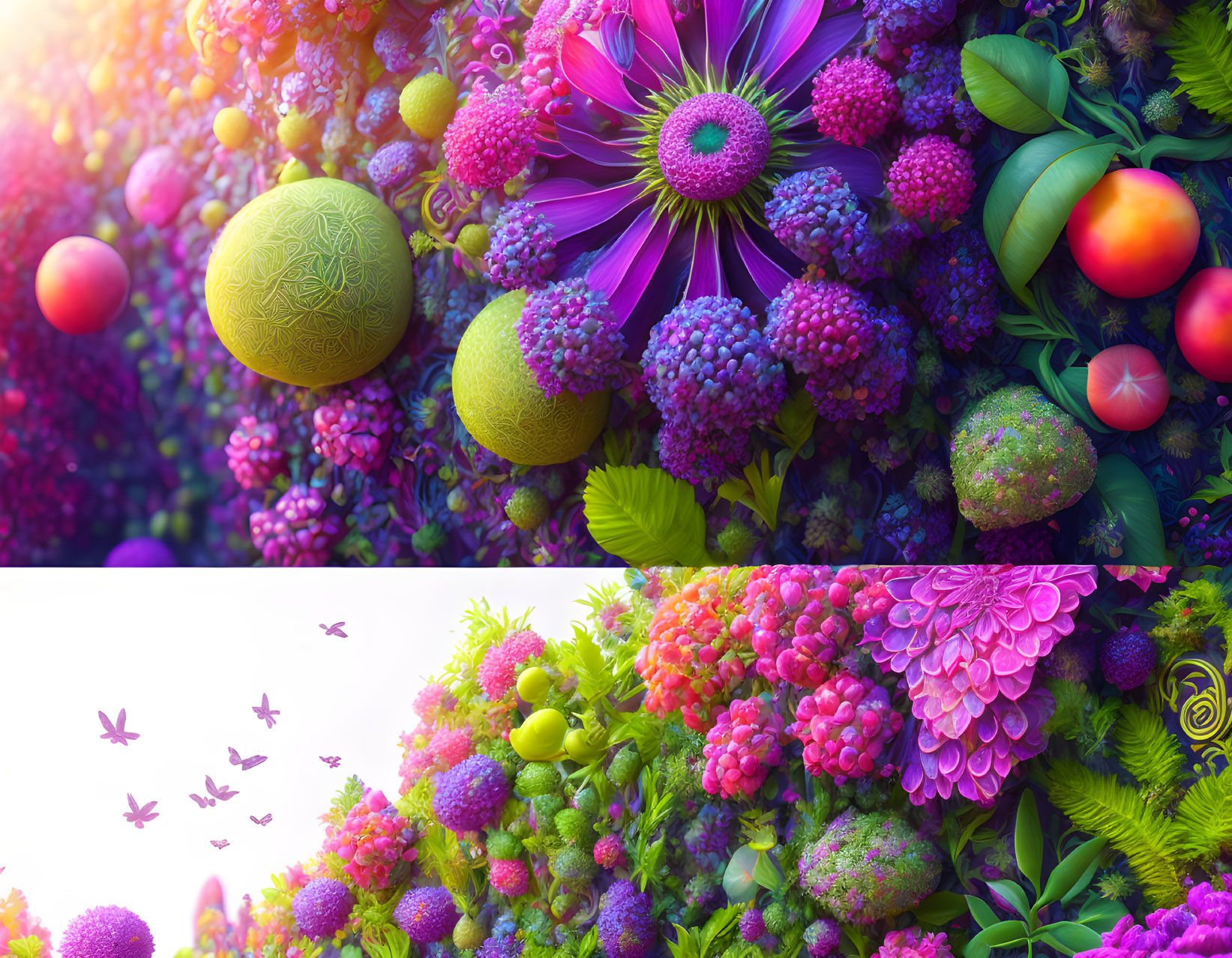 Colorful digital artwork: Stylized fruits, flowers, foliage & butterflies