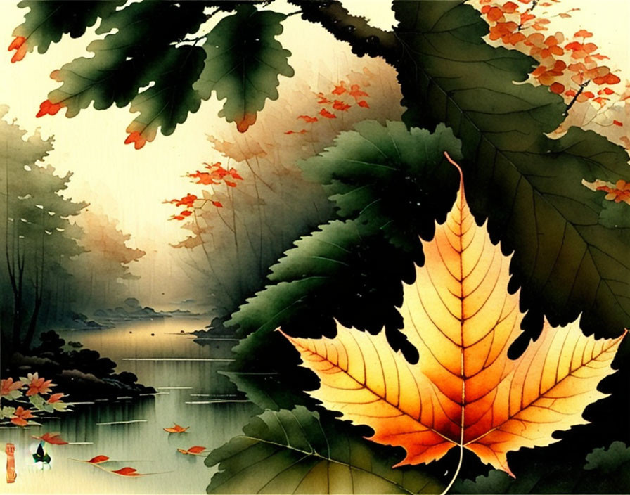 Autumn landscape with vibrant orange maple leaf by serene lake