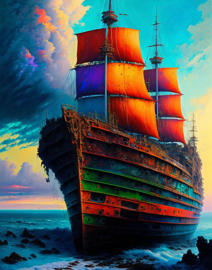 Colorful sail ship painting on turbulent seas