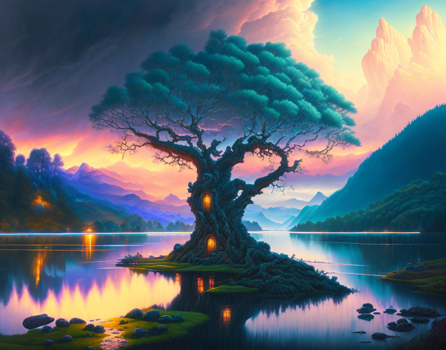 Fantasy landscape with ancient tree doorway, tranquil lake, mountains, dramatic sky