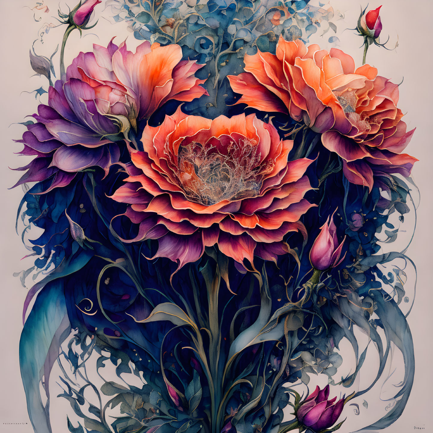 Colorful Flower Illustration in Orange, Purple, and Blue Palette