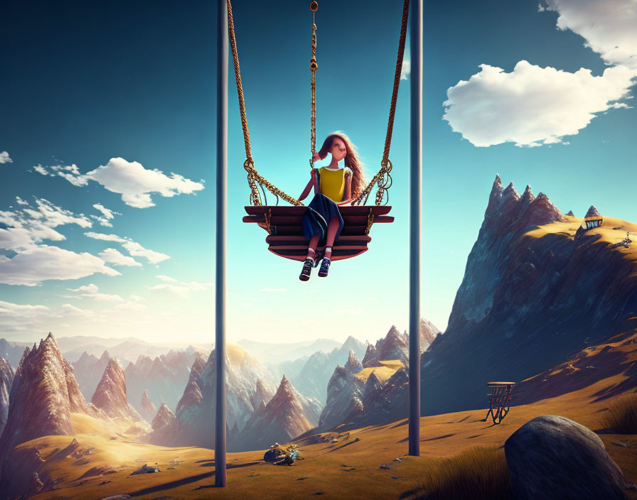 Person on Giant Swing Overlooking Fantastical Mountain Landscape