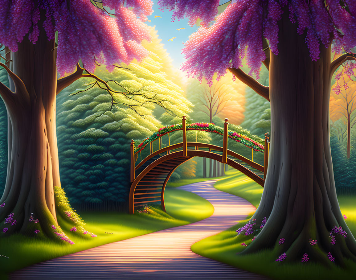 Enchanting woodland scene with purple-flowered trees and wooden bridge