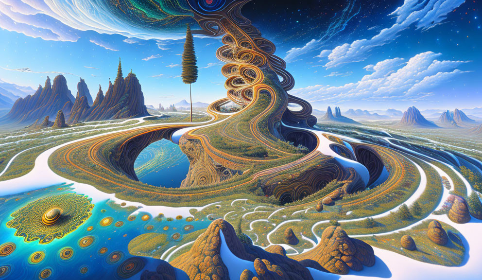 Colorful surreal landscape with swirling patterns and floating islands