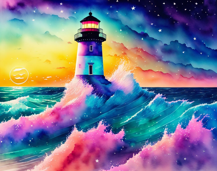 Colorful lighthouse on rocky wave under starry sky and sunset gradient