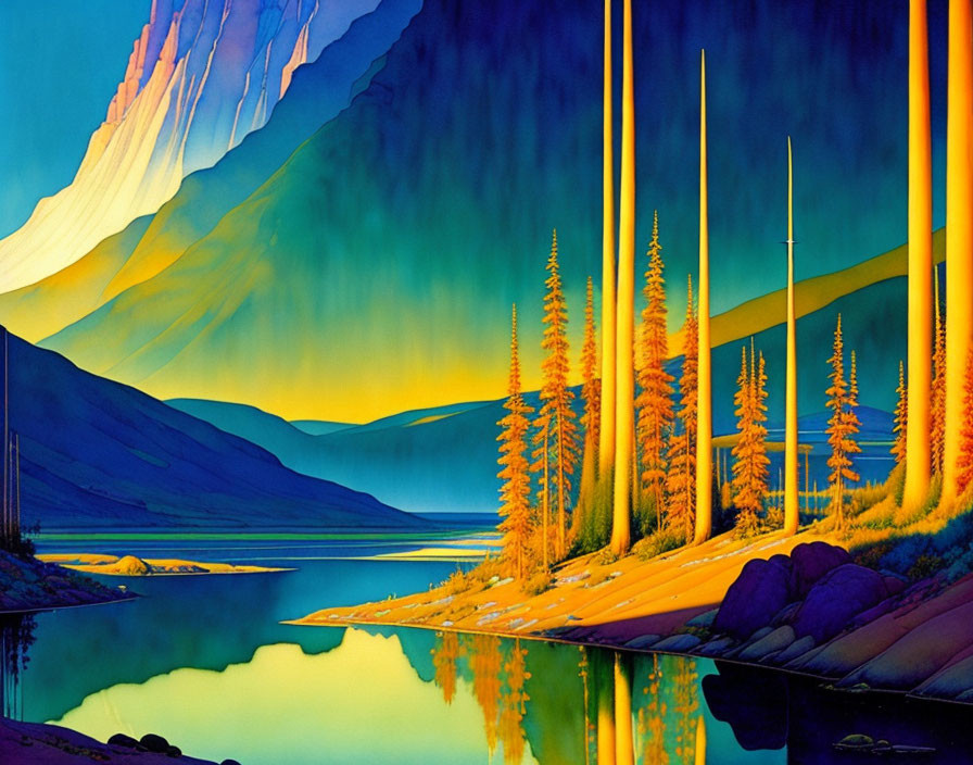 Colorful Stylized Mountain Landscape with Reflective Sky and Riverbank Trees