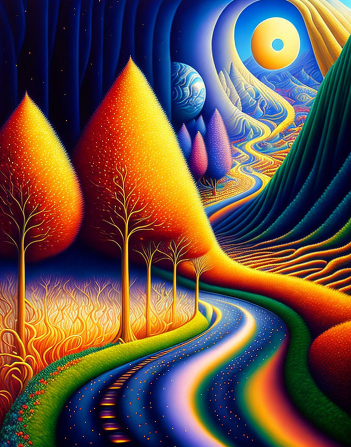 Colorful surreal landscape with fiery orange trees, swirling branches, winding river, rolling hills, and moon