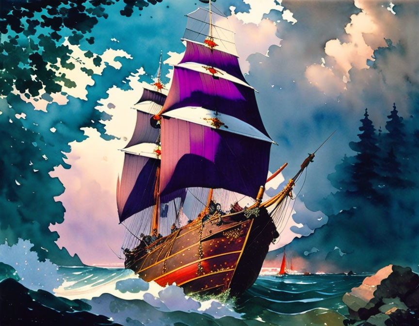 Classic sailing ship with purple sails navigating stormy seas near rocky shore under dramatic sky