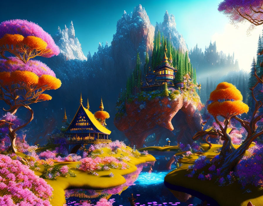 Colorful Fantasy Landscape with Floating Islands and River