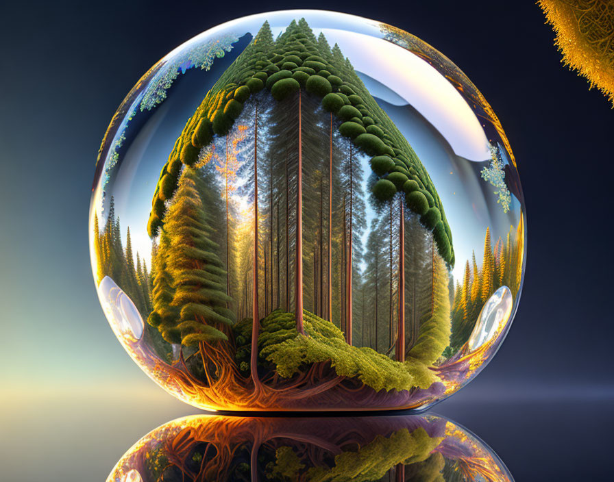 Forest Enclosed in Transparent Sphere with Trees and Mossy Grounds at Dusk or Dawn